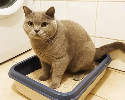 Britisch Kurzhaar sitzt in einer offenen Katzentoilette mit Streu