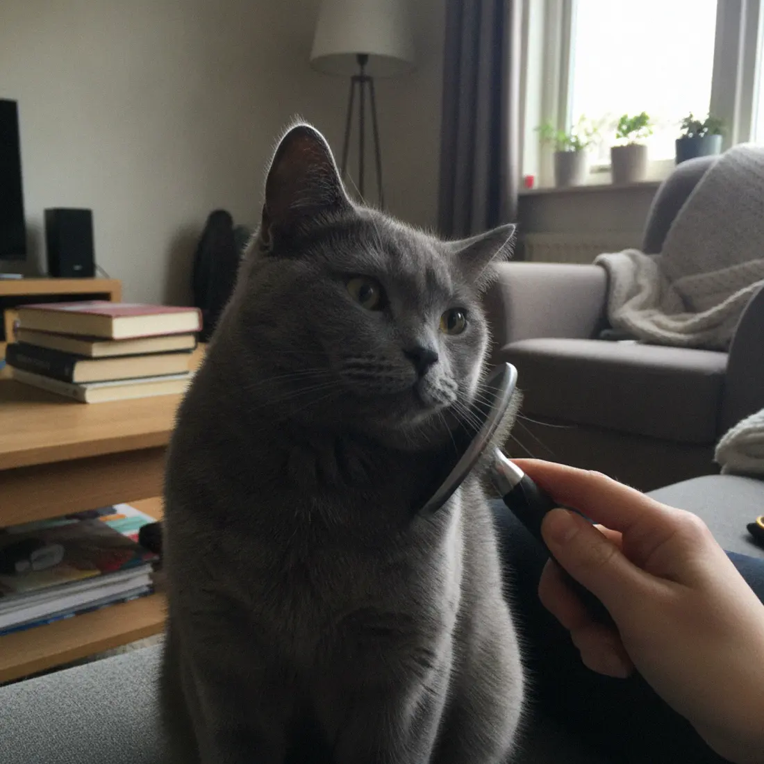 Graue Britisch Kurzhaar wird im Wohnzimmer mit einer Bürste gekämmt