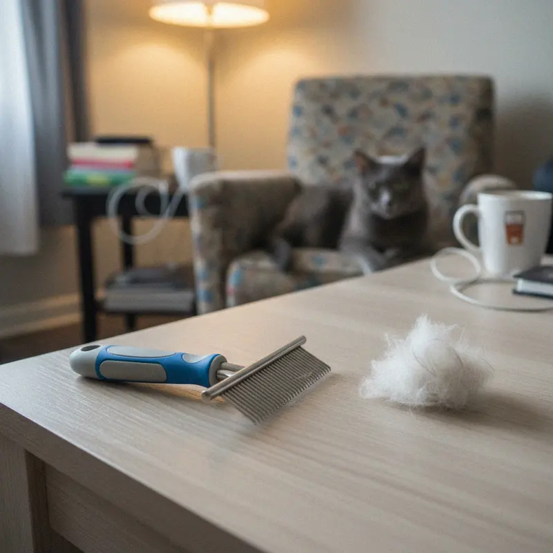 Metall-Effilierkamm mit Griff auf dem Tisch, daneben ein Büschel grauer Unterwolle, Katze im Hintergrund
