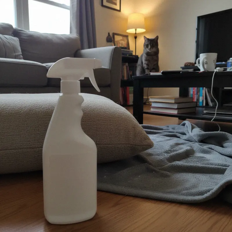 Weisse Sprühflasche neben Sofakissen und Katzendecke im Wohnzimmer, Katze beobachtet aus Distanz