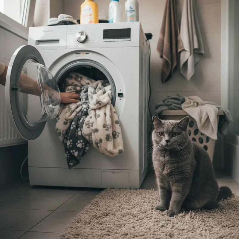 Waschmaschine wird mit Katzendecken beladen, eine Britisch Kurzhaar sitzt auf dem Badteppich daneben