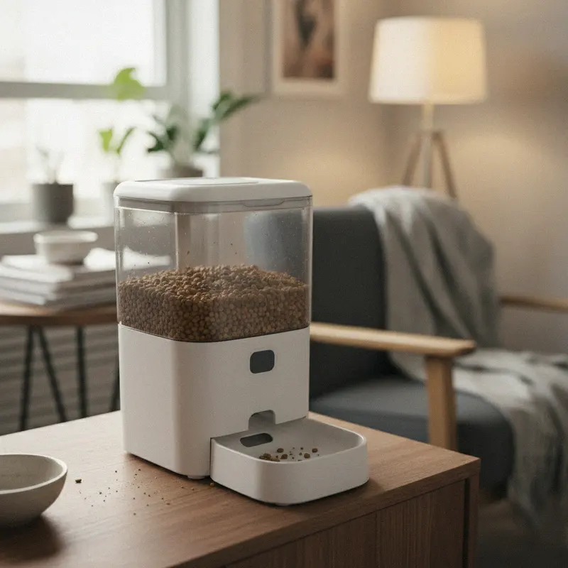 Kompakter weisser Futterautomat mit verschlossenem transparentem Vorratstank auf einer Holzkommode