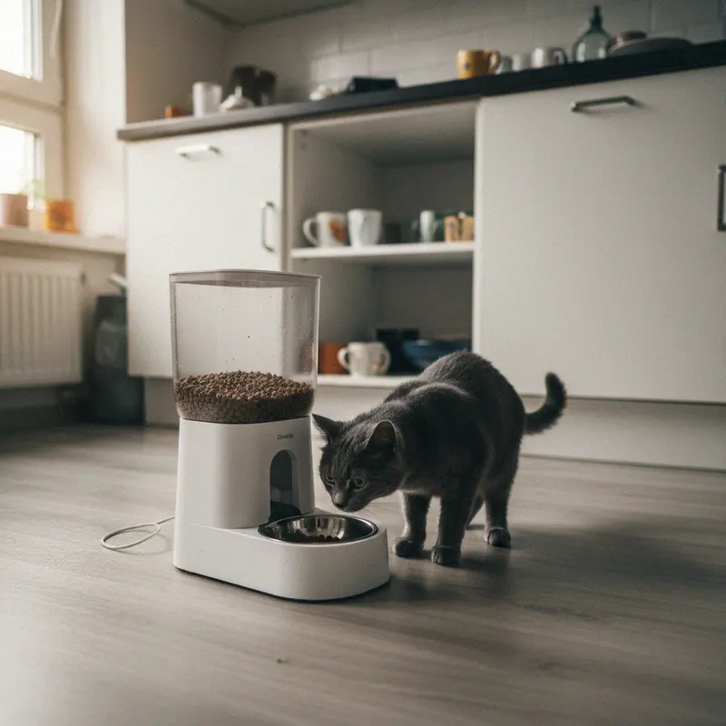 Weisser Futterautomat mit transparentem Tank in der Küche, eine graue Katze schnuppert am Napf