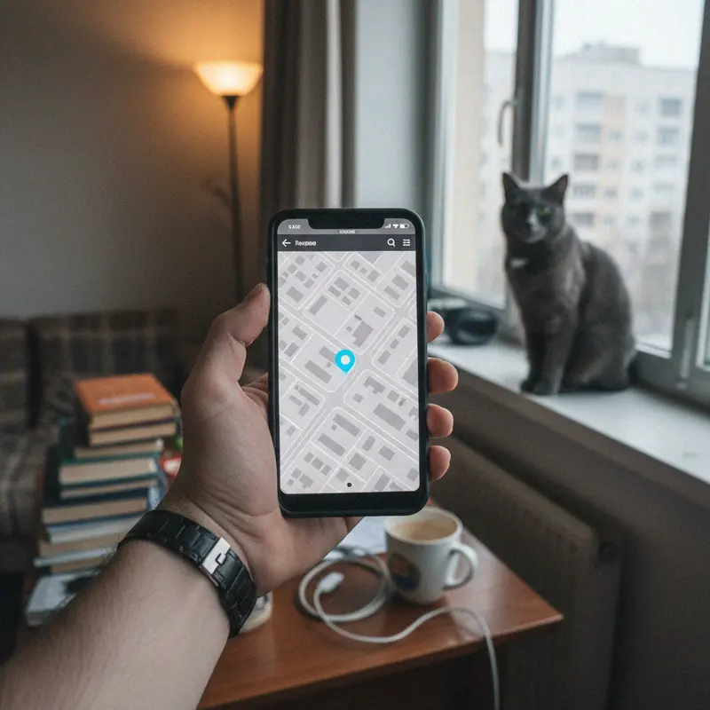 Hand hält ein Smartphone mit Karten-App, im Hintergrund sitzt eine graue Katze am Fenster