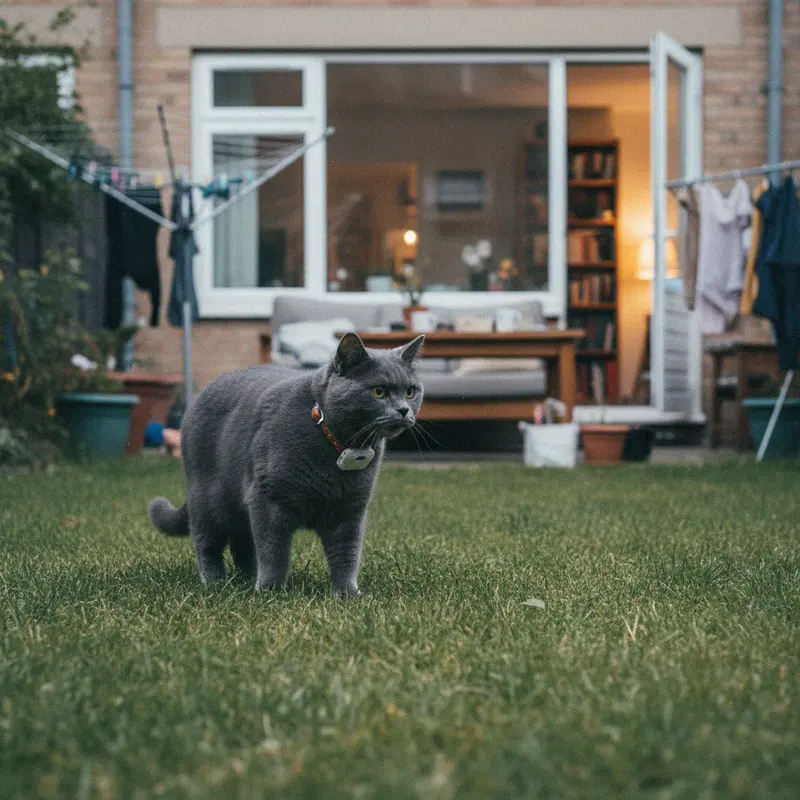 Britisch Kurzhaar mit GPS-Tracker am Halsband im Garten