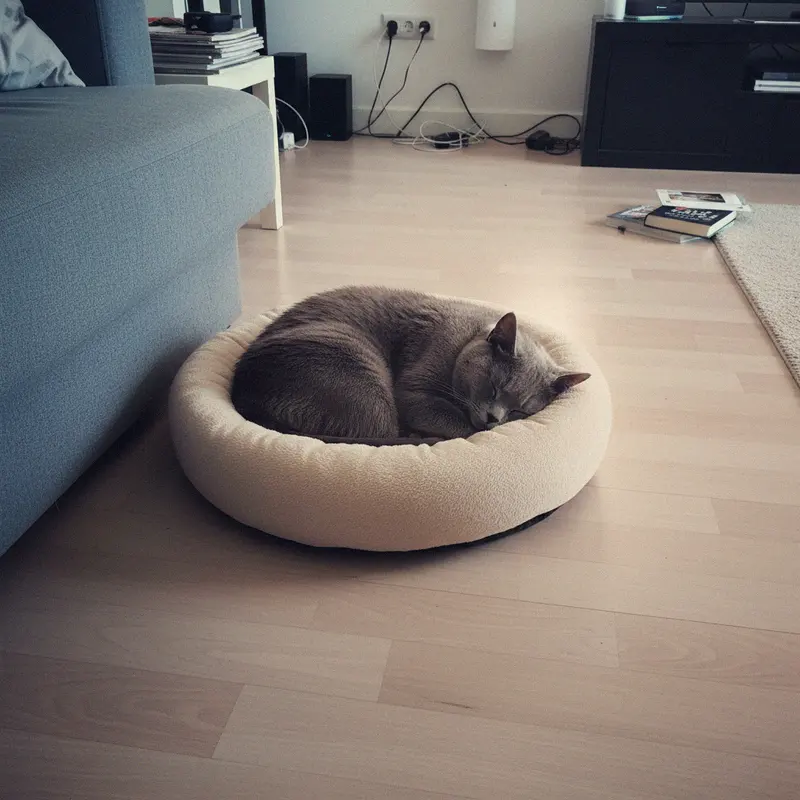 Britisch Kurzhaar schläft eingerollt in einem runden beigen Katzenbett neben dem Sofa