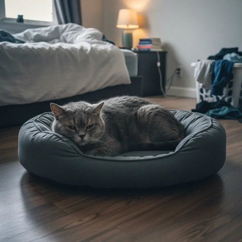 Graues orthopädisches Katzenbett mit erhöhtem Rand auf dem Schlafzimmerboden, eine ältere graue Katze ruht darin