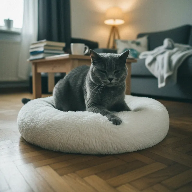 Rundes weisses flauschiges Katzenbett auf Parkett, eine Britisch Kurzhaar tritt es mit den Vorderpfoten zurecht