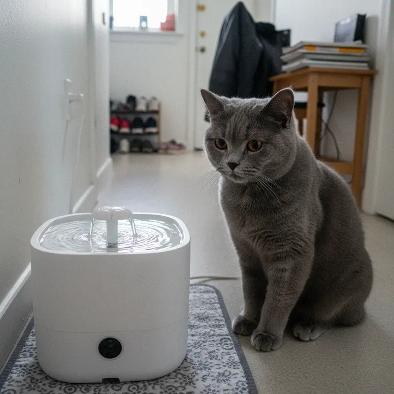 Katzenbrunnen mit Bewegungsmelder im Flur, eine graue Britisch Kurzhaar beobachtet das Wasser