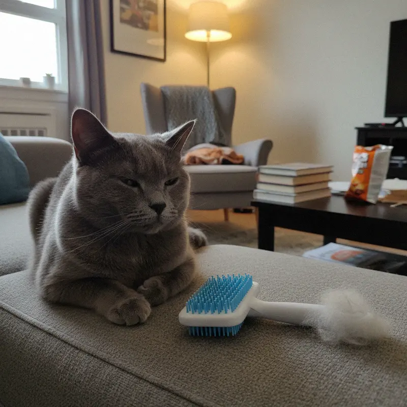 Weiche Massage-Katzenbürste mit blauen Noppen neben einer entspannten Britisch Kurzhaar auf dem Sofa