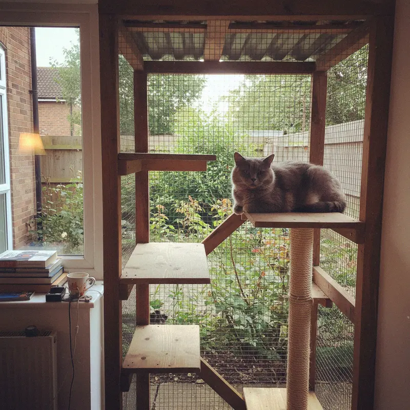 Britisch Kurzhaar liegt auf der obersten Plattform eines Katzengeheges mit Sisalstamm im Garten
