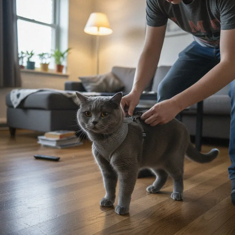 Person legt einer geduldigen Britisch Kurzhaar ein graues Mesh-Geschirr im Wohnzimmer an