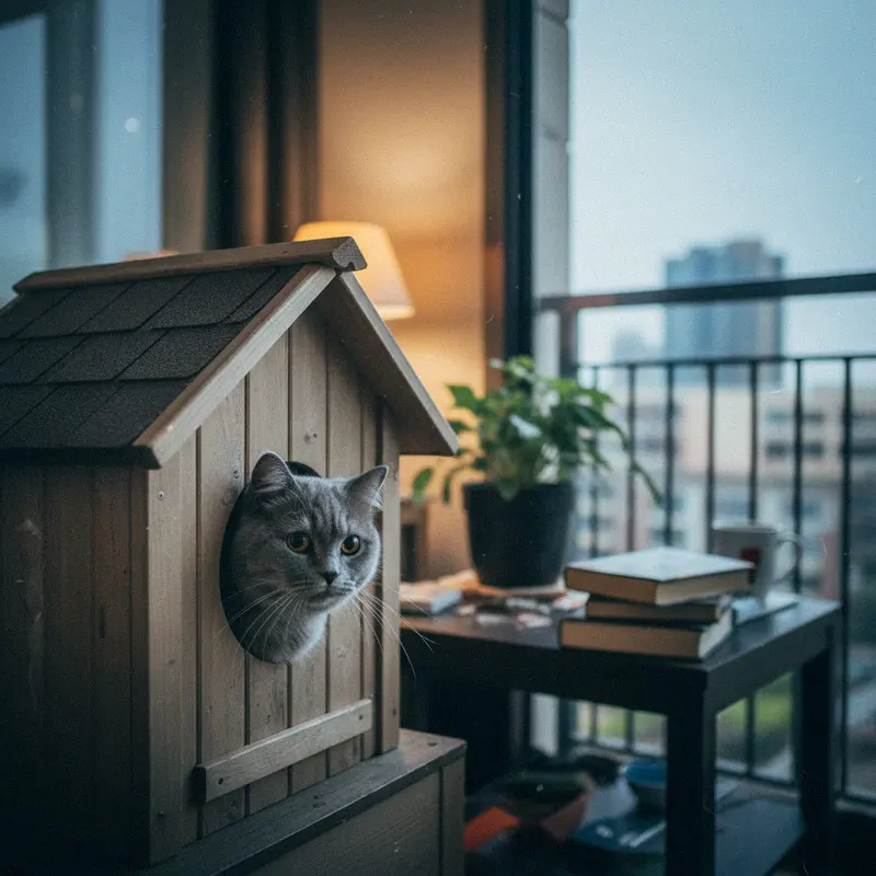 Wetterfestes Holz-Katzenhaus mit Schrägdach auf dem Balkon, eine Britisch Kurzhaar schaut aus dem Eingang