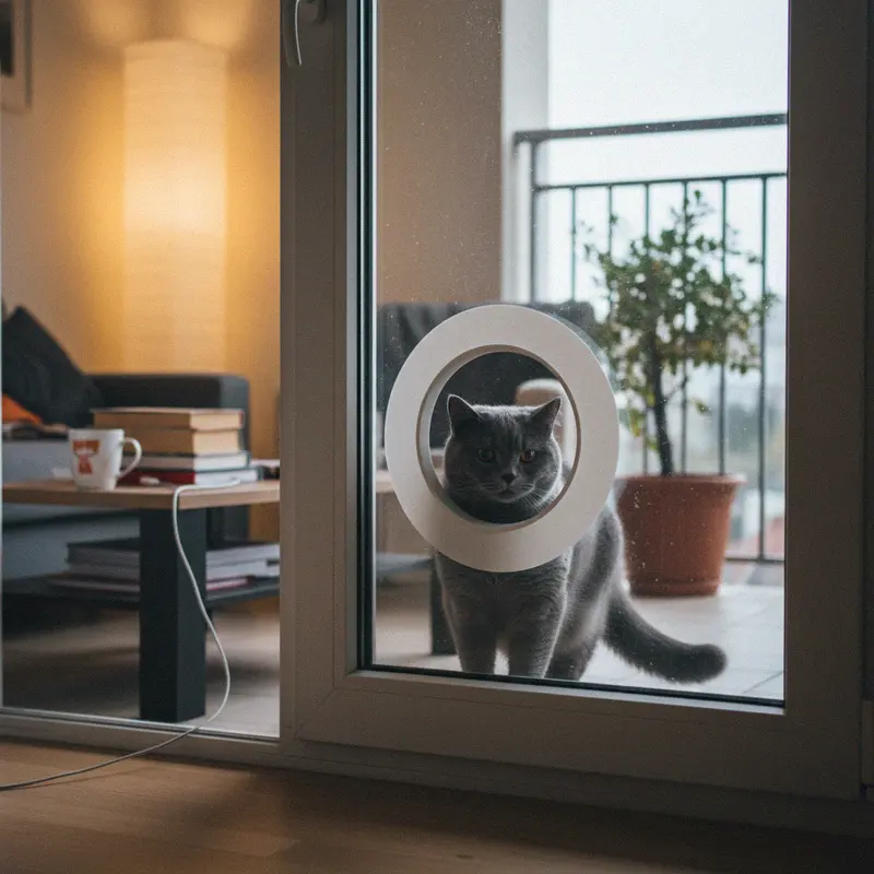 Grosse weisse Katzenklappe in einer Glas-Balkontür, eine kräftige Britisch Kurzhaar passt bequem hindurch