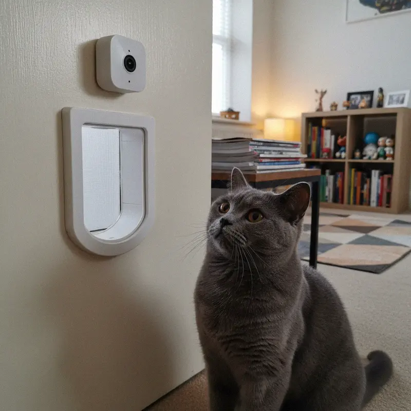 Weisses Kamera-Modul über einer Katzenklappe an der Tür, eine Britisch Kurzhaar schaut hinauf
