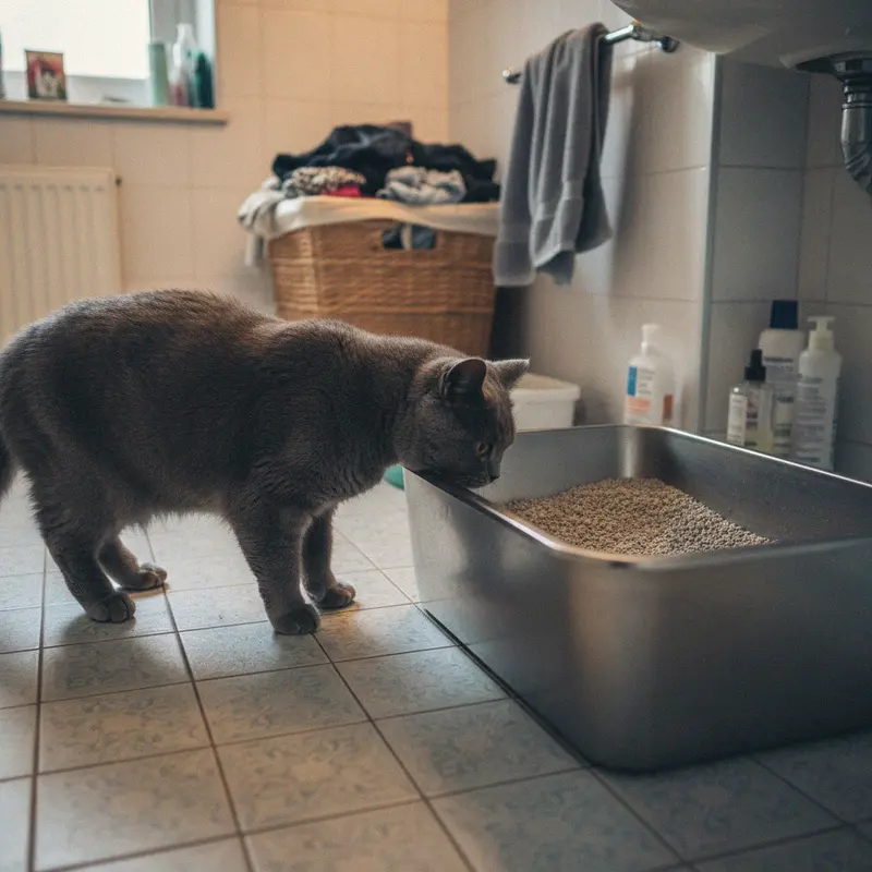 Katzenklo aus Edelstahl mit Streu auf Badezimmerfliesen, eine graue Britisch Kurzhaar schnuppert daran