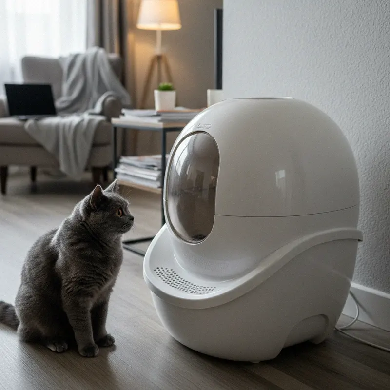 Modernes weisses selbstreinigendes Katzenklo im Wohnzimmer, eine Britisch Kurzhaar sitzt davor und betrachtet es