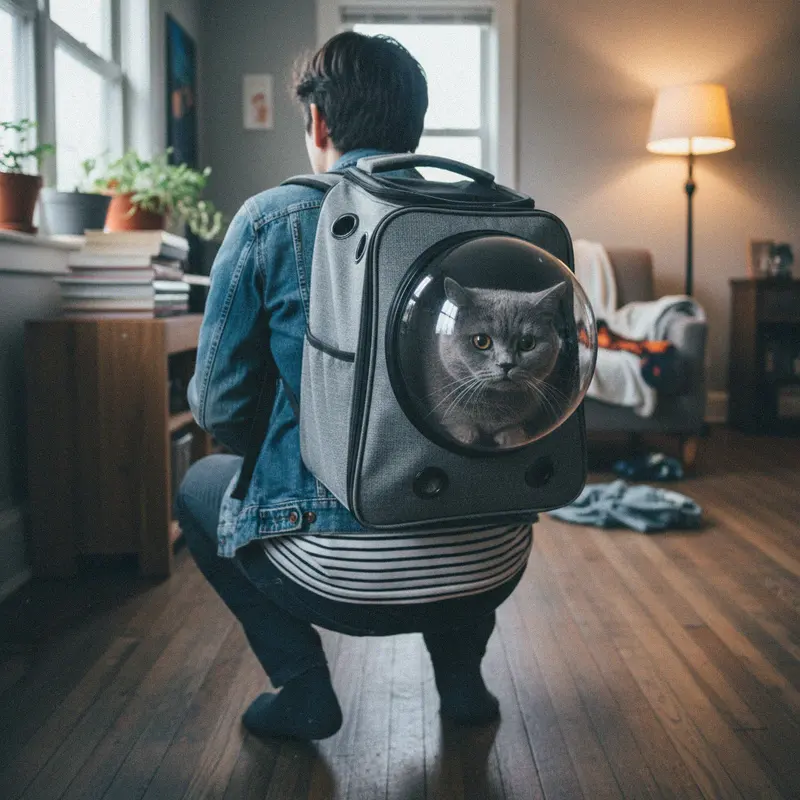 Grauer Katzenrucksack mit transparentem Bubble-Fenster auf dem Rücken einer Person, eine Britisch Kurzhaar schaut heraus