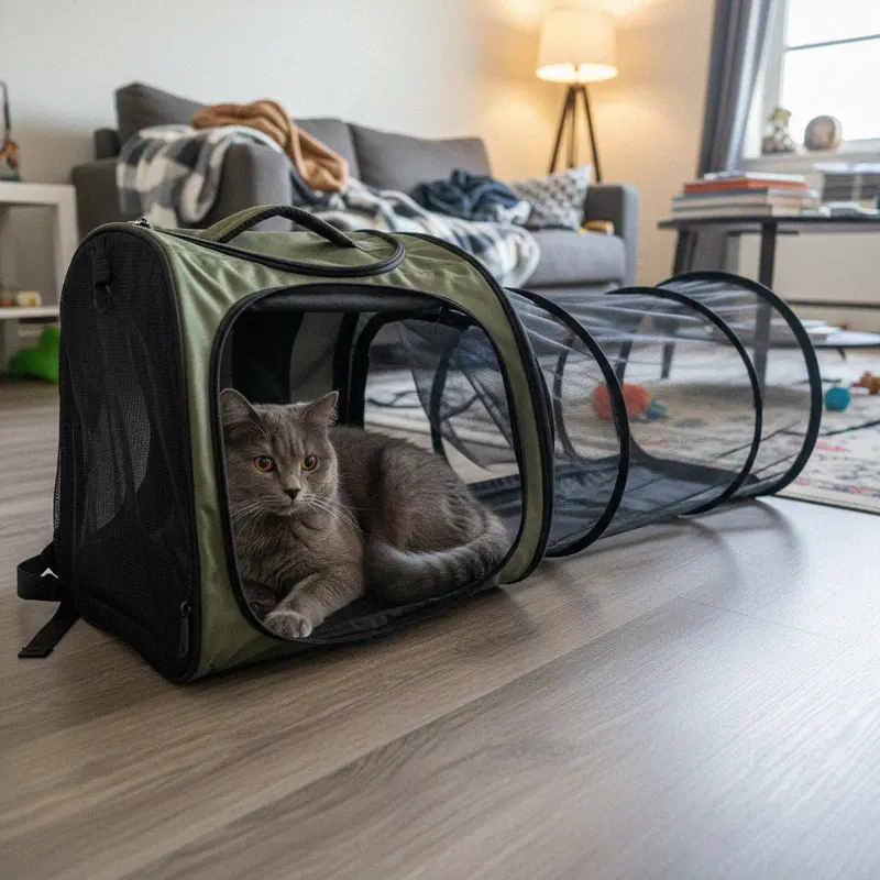Erweiterbarer Katzenrucksack mit ausgeklapptem Mesh-Tunnel auf dem Boden, eine Britisch Kurzhaar liegt darin