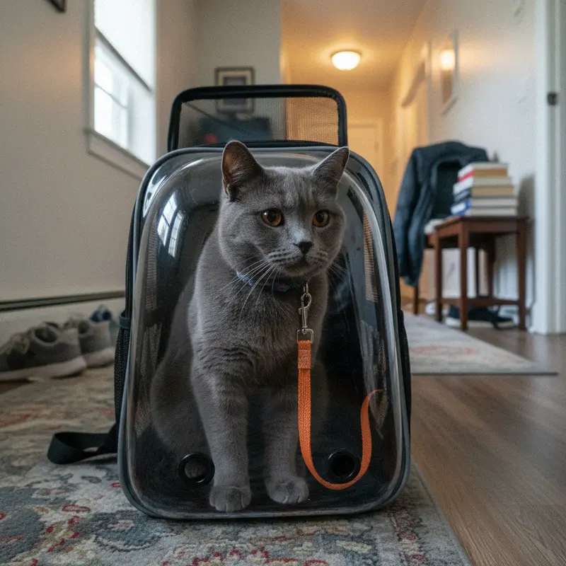 Offener Katzenrucksack mit innerer Sicherheitsleine, eine Britisch Kurzhaar sitzt angeleint darin