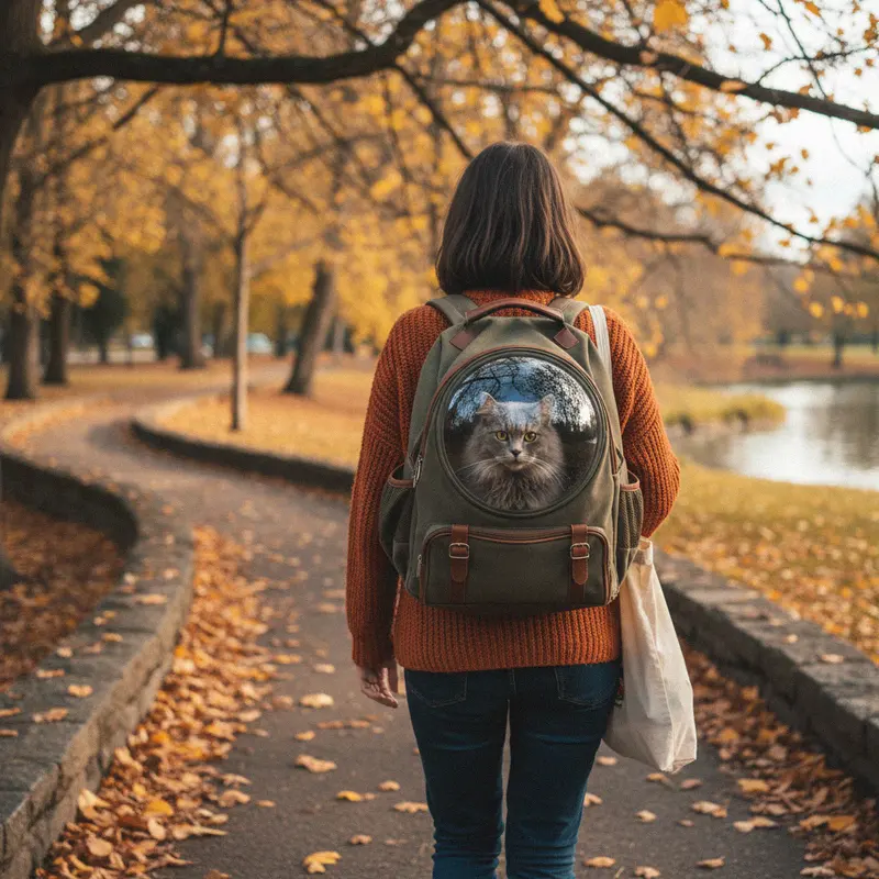 Person trägt einen Katzenrucksack mit Sichtfenster durch den Park, die Katze schaut heraus