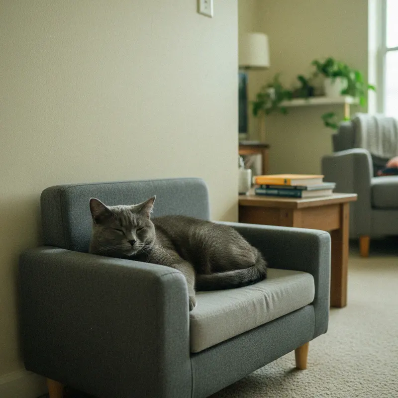 Graues Katzensofa mit Kissen an der Wohnzimmerwand, eine Britisch Kurzhaar liegt entspannt darauf