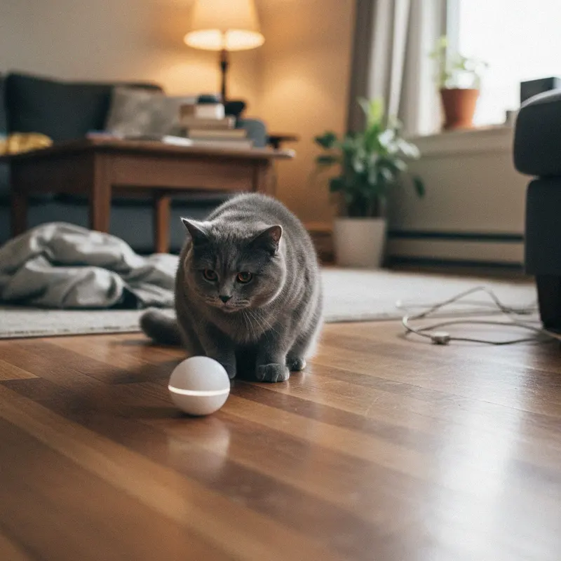 Weisser automatischer Spielball auf dem Parkett, eine graue Britisch Kurzhaar lauert davor