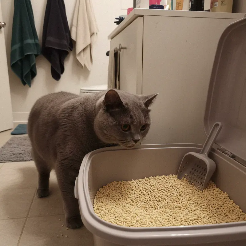 Britisch Kurzhaar schnuppert an einem Katzenklo mit hellen Maispellets, Schaufel lehnt am Rand