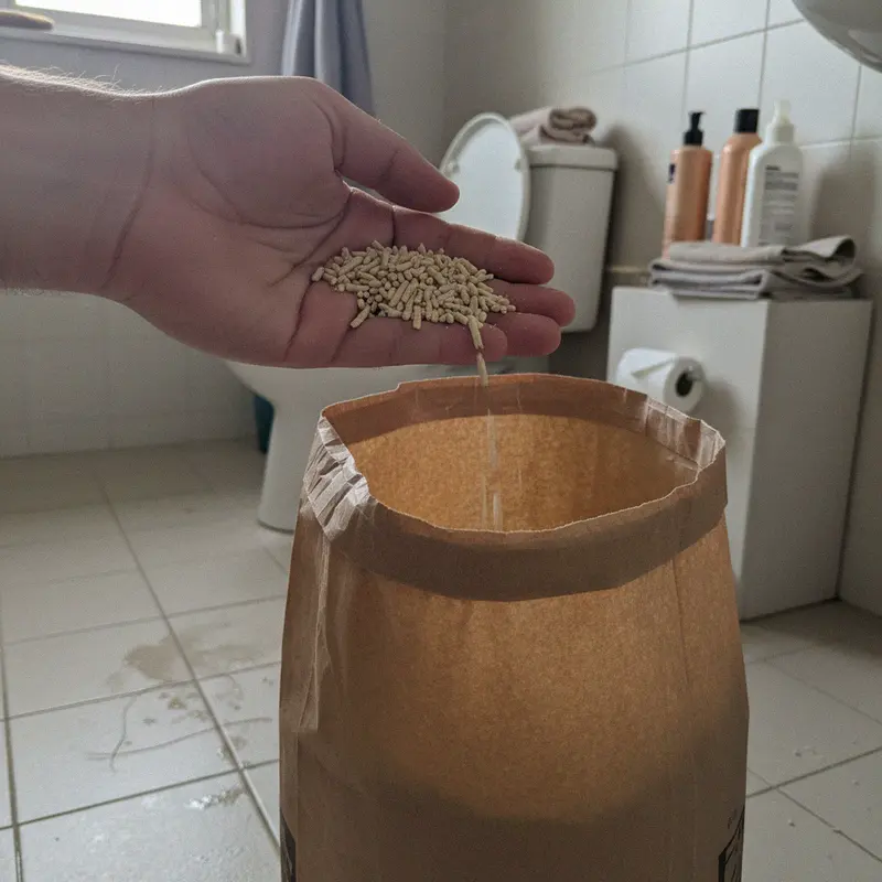 Hand hält helle pflanzliche Streugranulate über einem offenen Papiersack im Badezimmer