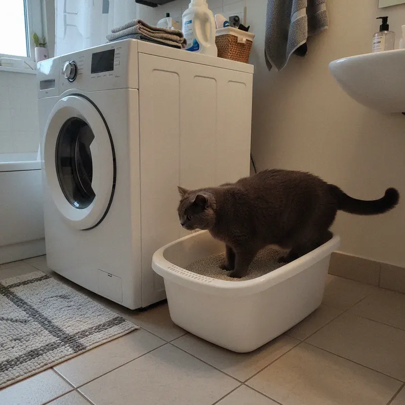 Britisch Kurzhaar steigt aus einem sauberen offenen Katzenklo neben der Waschmaschine