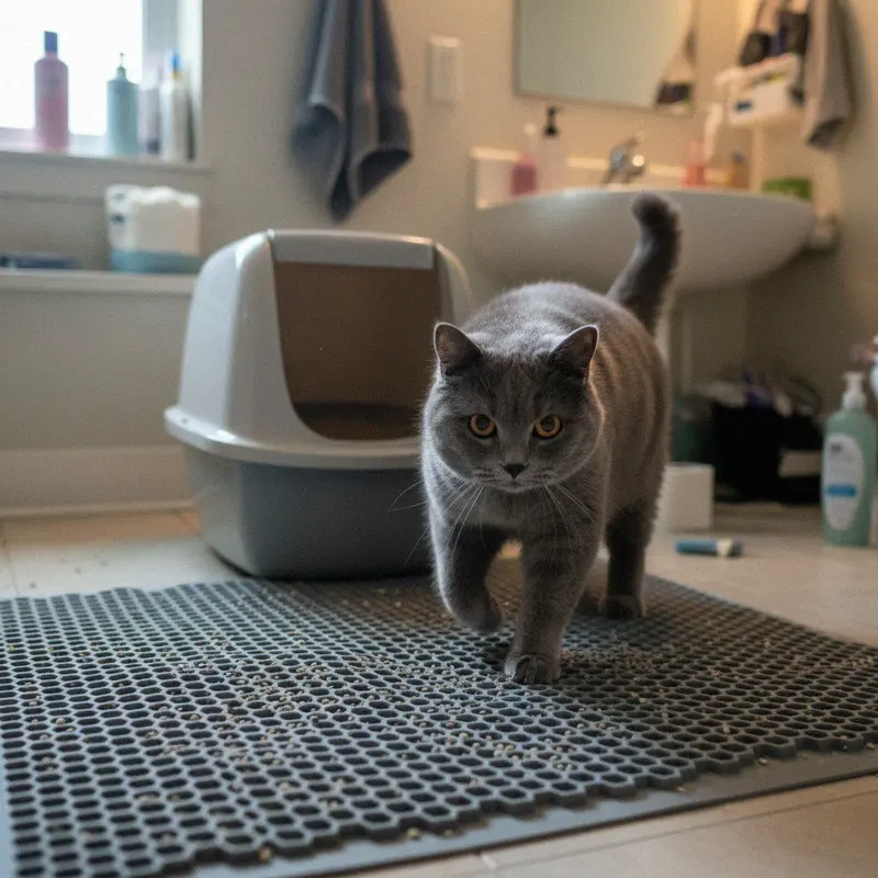 Britisch Kurzhaar läuft über eine graue Wabenmatte vor einem Katzenklo im Badezimmer