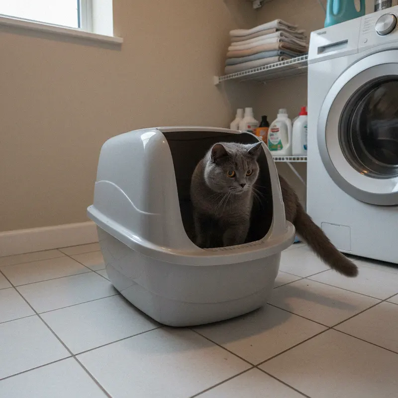 Britisch Kurzhaar in einer grossen Katzentoilette mit Haube neben der Waschmaschine