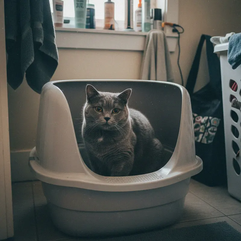 Grosses offenes Katzenklo mit hohem Rand, eine Britisch Kurzhaar sitzt bequem darin