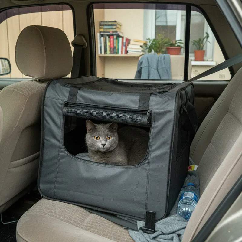 Faltbare Katzentransportbox mit Netzfenster angegurtet auf der Rückbank eines Autos, graue Katze sichtbar