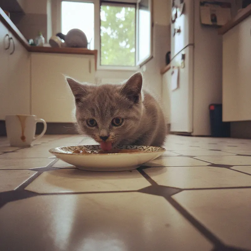 Graues Britisch Kurzhaar Kitten frisst feines Nassfutter von einem flachen Teller