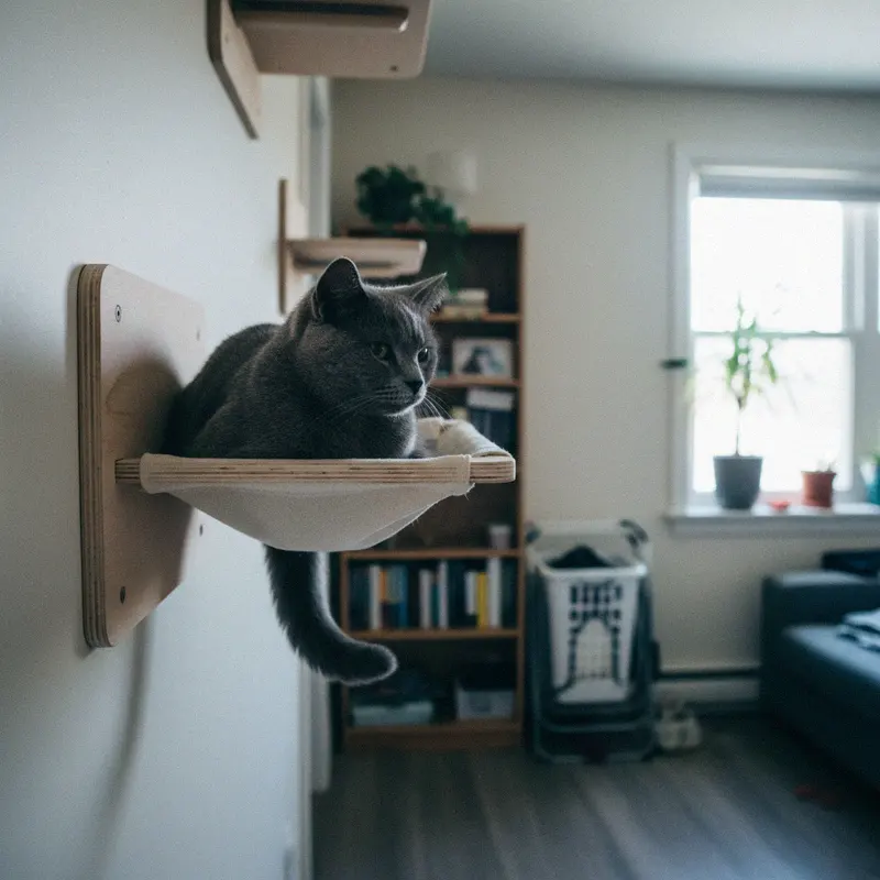 Wandmontierte Katzen-Hängematte aus Multiplexholz, eine graue Britisch Kurzhaar liegt entspannt darin