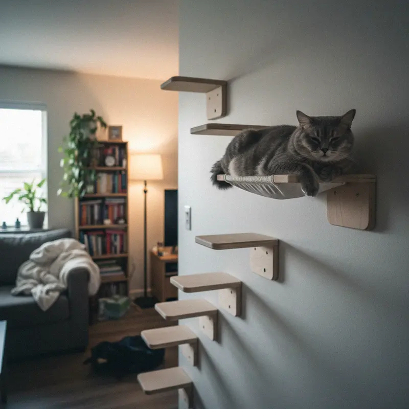 Britisch Kurzhaar liegt auf der obersten Plattform einer Kletterwand mit Holzstufen