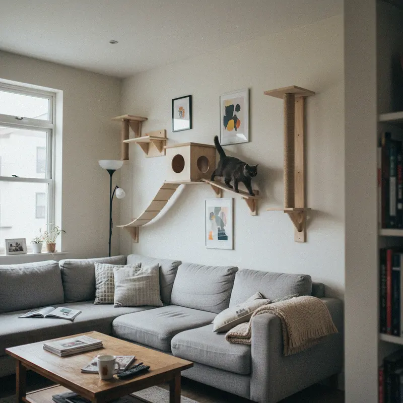 Komplettes Kletterwand-Set mit Stufen, Häuschen und Kratzstamm über einem Sofa, eine graue Katze läuft darüber
