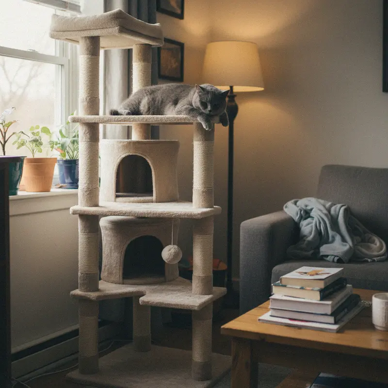 Hoher mehrstöckiger Kratzbaum mit Höhlen und Sisalstämmen im Wohnzimmer, eine Britisch Kurzhaar liegt auf der mittleren Plattform