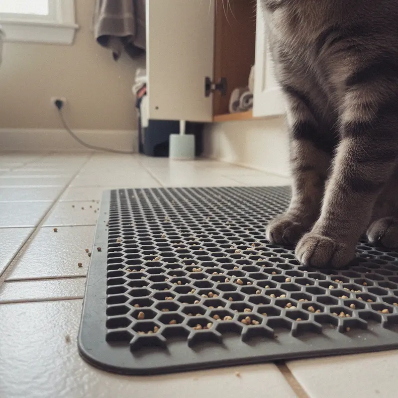 Graue Katzenpfoten stehen auf einer strukturierten Streumatte, Streukörnchen in der Wabenstruktur sichtbar