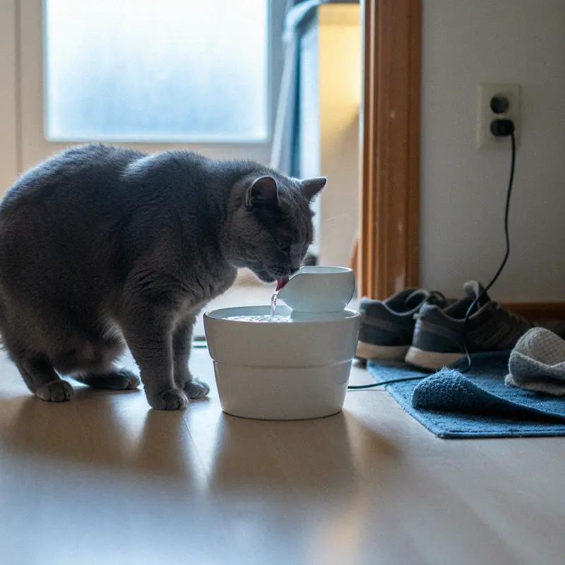 Britisch Kurzhaar trinkt aus einem weissen Katzenbrunnen im Flur