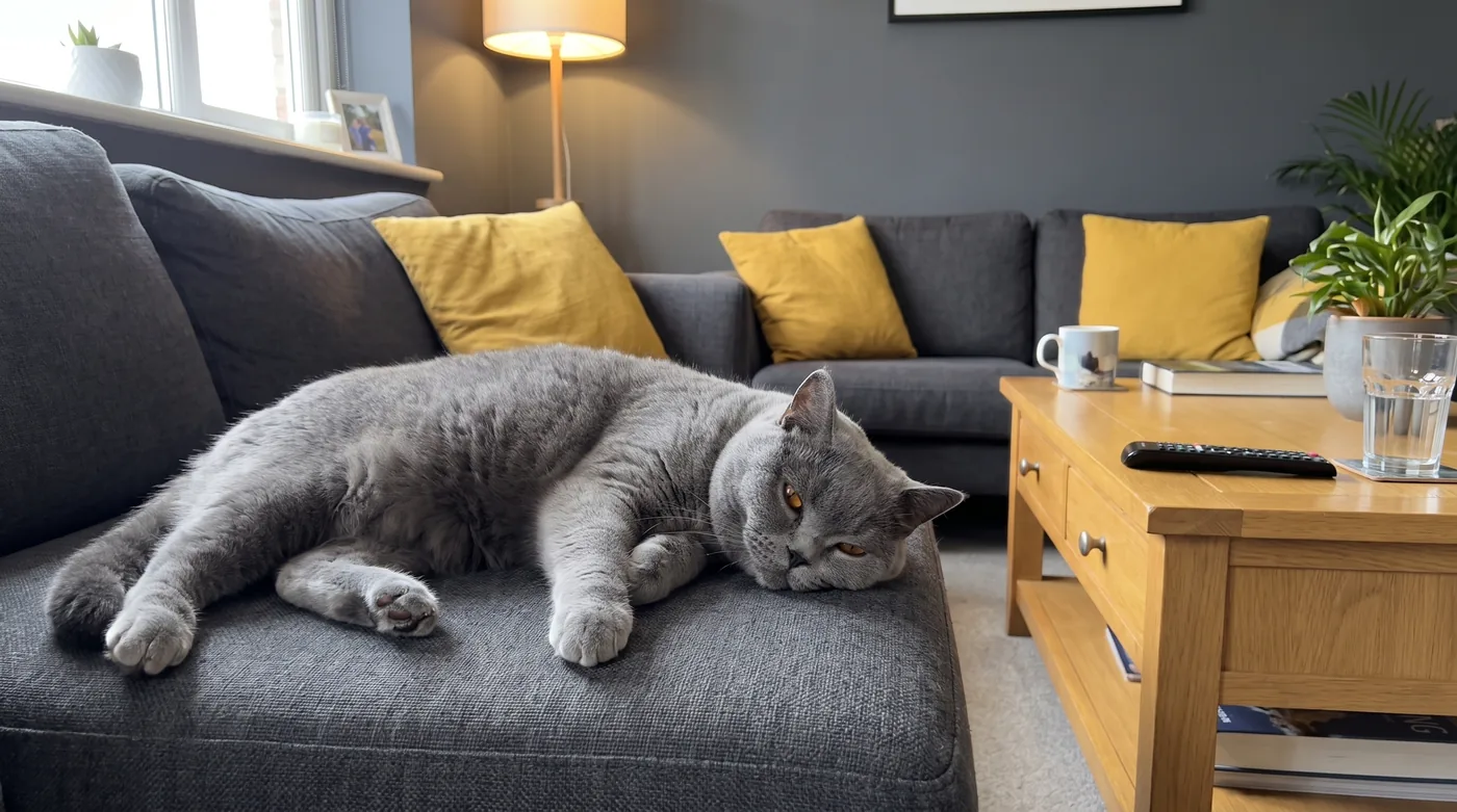 Blaue Britisch Kurzhaar liegt lang ausgestreckt auf einem grauen Stoffsofa mit senfgelben Kissen, den Kopf auf der Sitzfläche