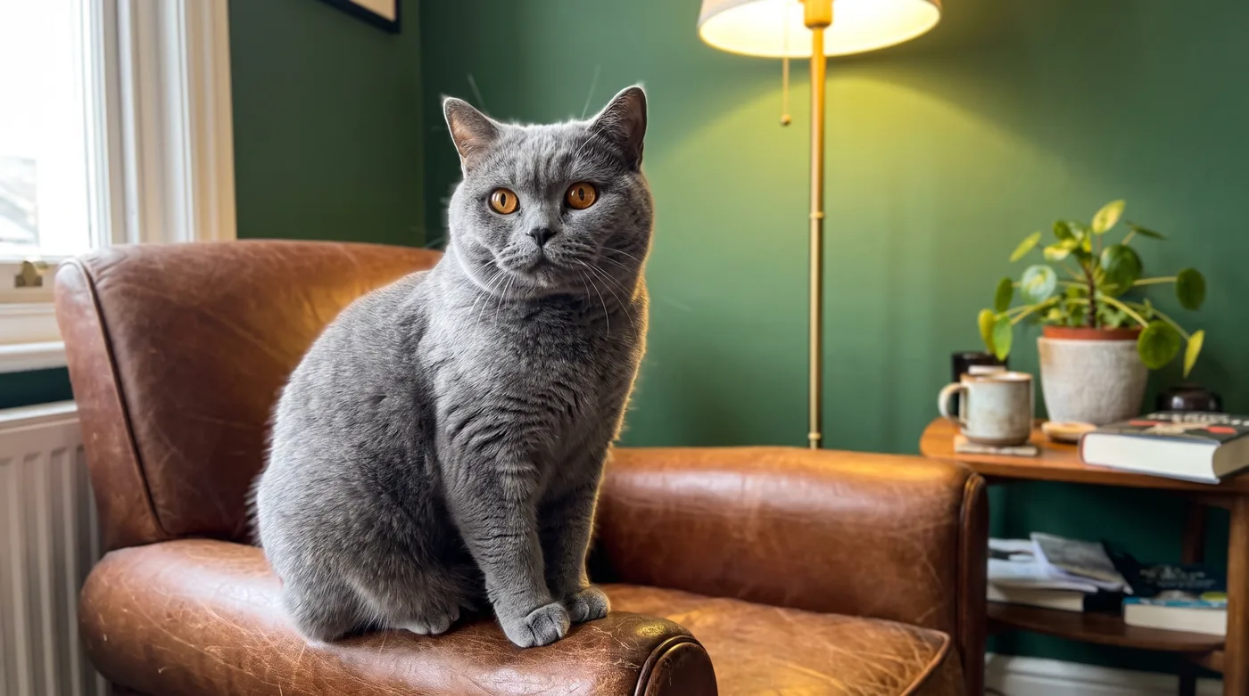 Blauer Britisch-Kurzhaar-Kater sitzt aufrecht auf einem abgenutzten braunen Ledersessel vor einer dunkelgrünen Wand, daneben eine Messing-Stehlampe