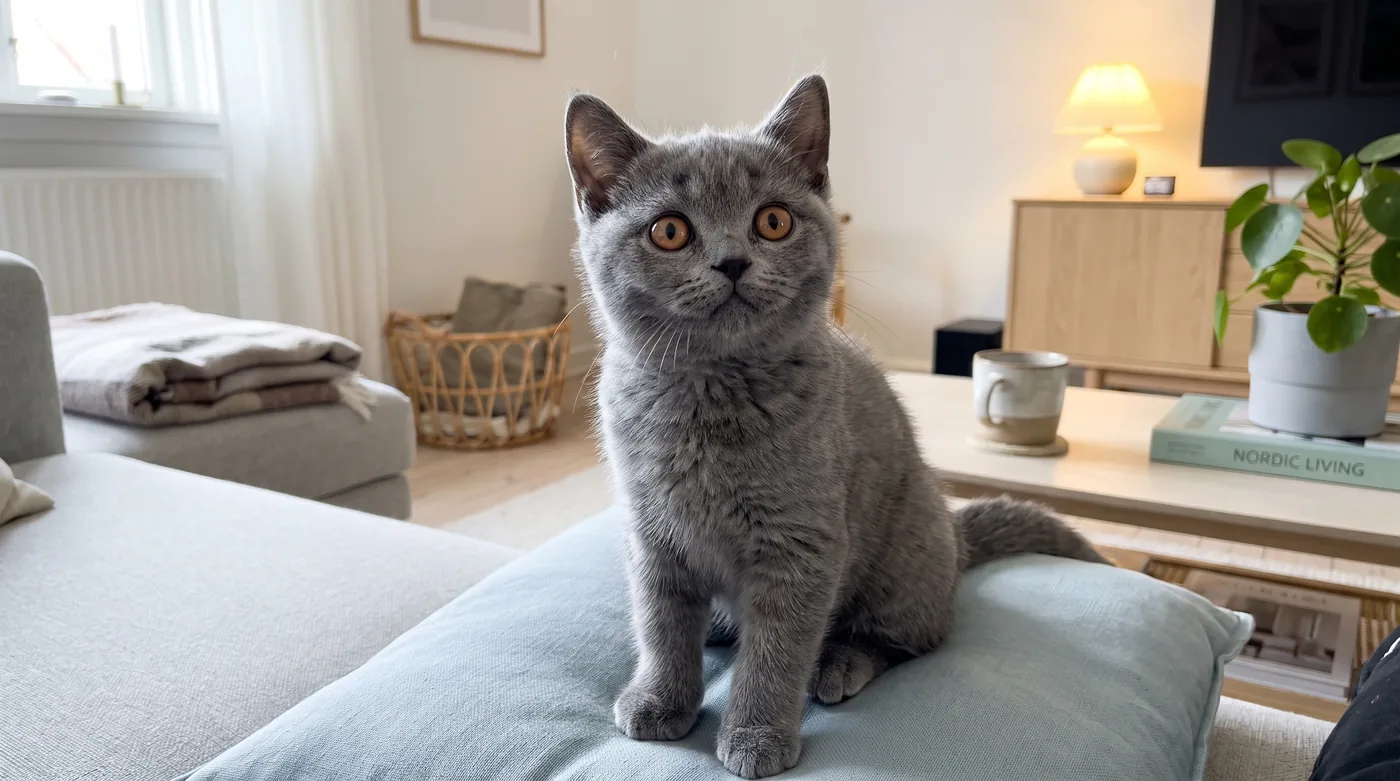 Blaues Britisch-Kurzhaar-Kitten sitzt auf einem hellblauen Kissen in einem hell eingerichteten skandinavischen Wohnzimmer