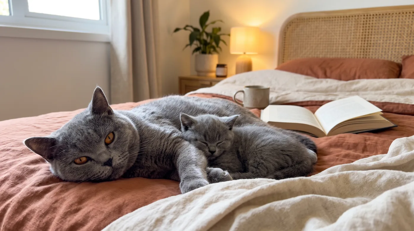 Blaue Britisch-Kurzhaar-Katze döst mit ihrem Kitten auf einem Bett mit terrakottafarbener Bettwäsche, daneben ein aufgeschlagenes Buch