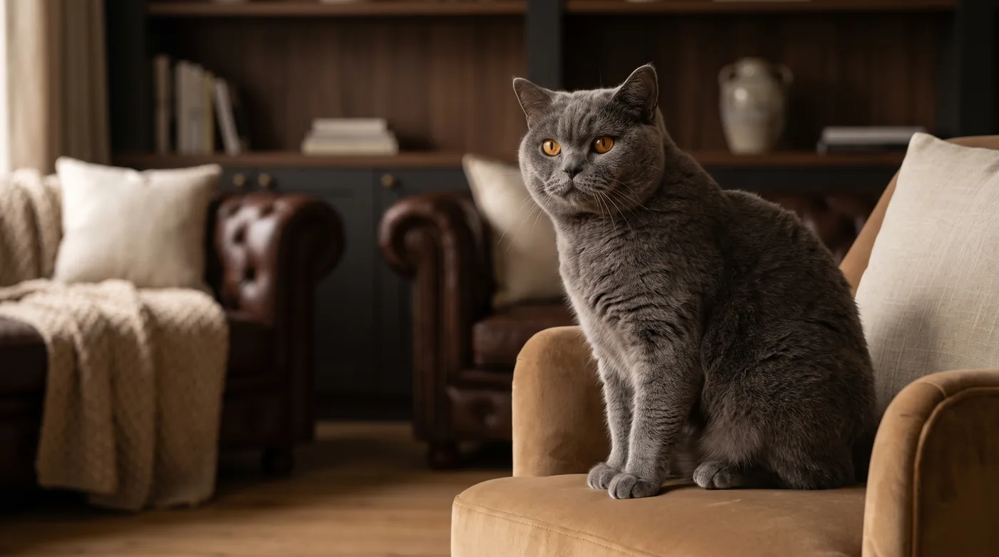 Kräftiger blauer Britisch-Kurzhaar-Kater sitzt aufrecht auf einem camelfarbenen Samtsessel