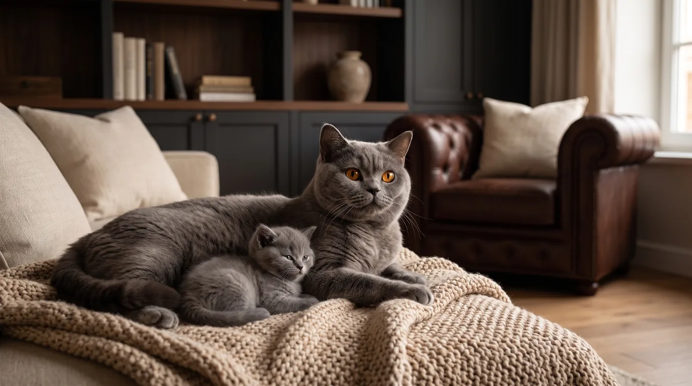 Blaue Britisch-Kurzhaar-Katze liegt mit ihrem Kitten auf einer beigen Strickdecke