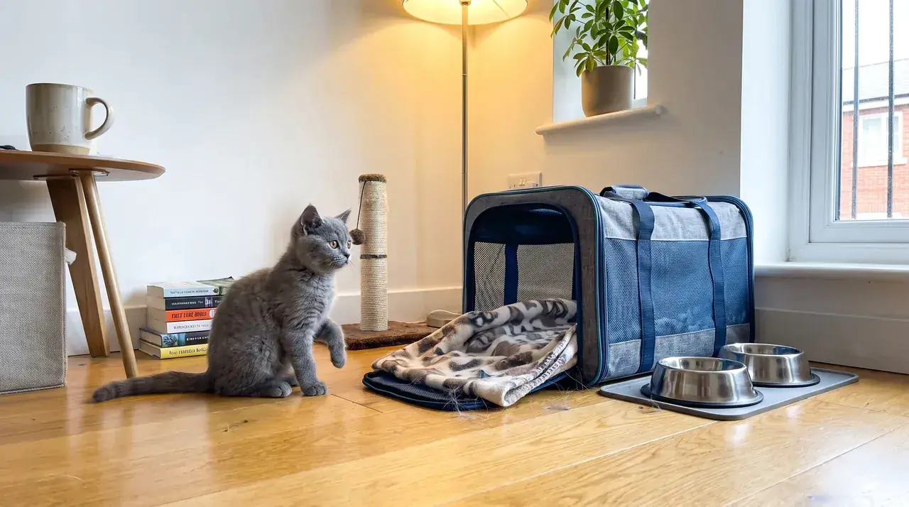 Britisch-Kurzhaar-Kitten am Einzugstag neben der offenen Transportbox, zwei neuen Edelstahlnäpfen und einem kleinen Kratzbaum