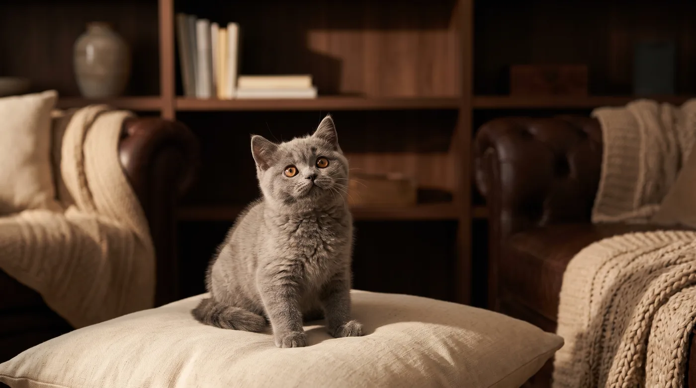 Blaues Britisch-Kurzhaar-Kitten sitzt auf einem cremefarbenen Leinenkissen