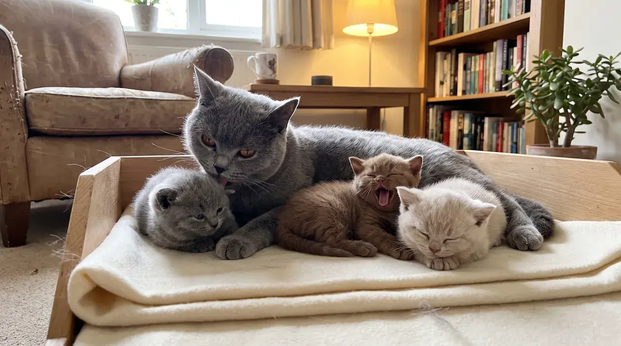 Blaue Britisch-Kurzhaar-Mutterkatze mit einem blauen, einem braunen und einem cremefarbenen Kitten in der Wurfkiste